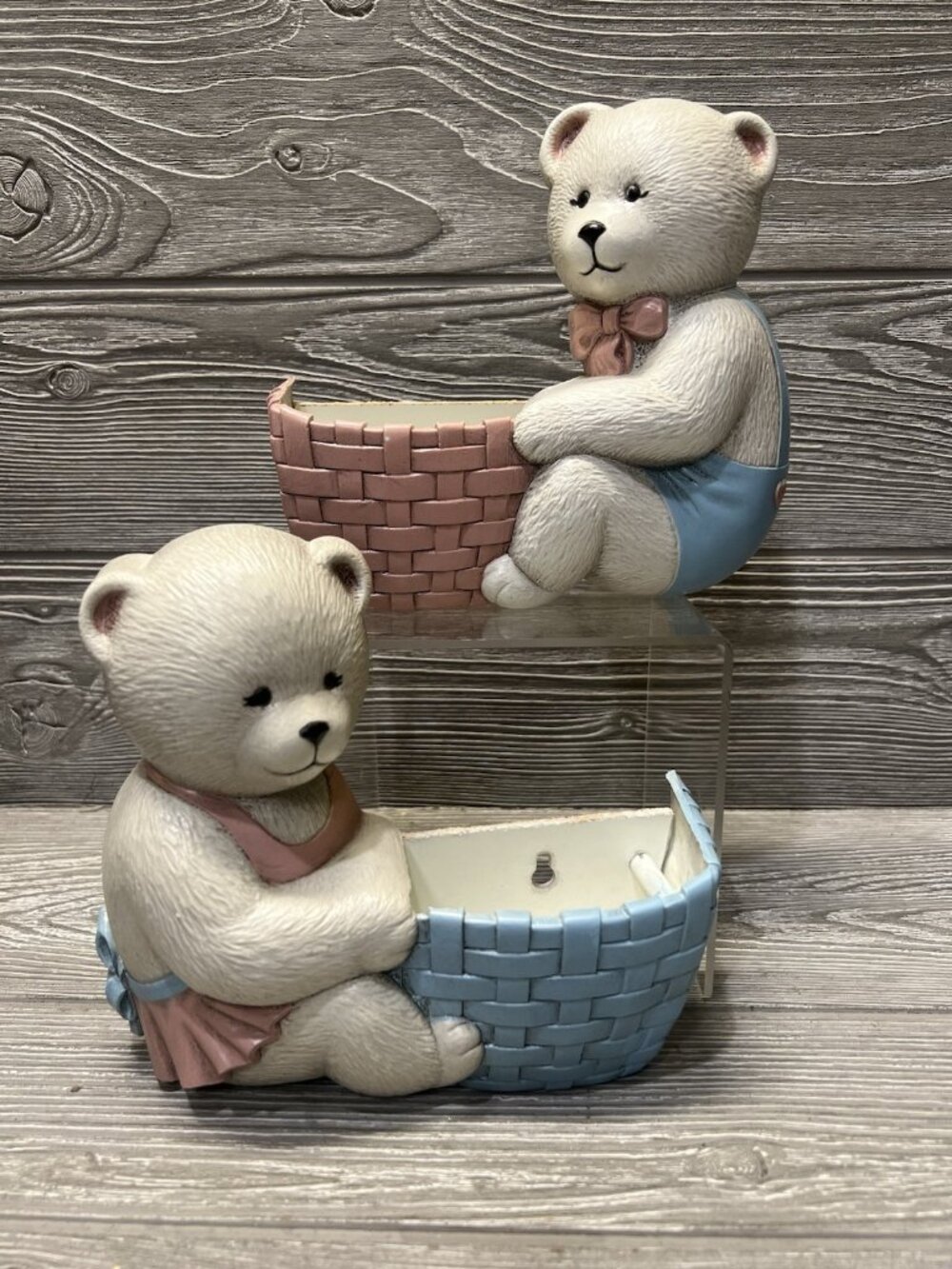 Vintage Burwood Teddy Bears Girl Boy Nursery Wall Hanging Pockets 1989 Pink Blue
